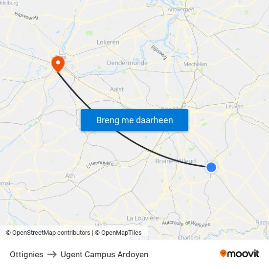 Ottignies to Ugent Campus Ardoyen map