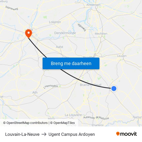 Louvain-La-Neuve to Ugent Campus Ardoyen map