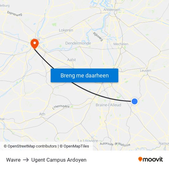 Wavre to Ugent Campus Ardoyen map