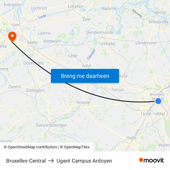 Bruxelles-Central to Ugent Campus Ardoyen map