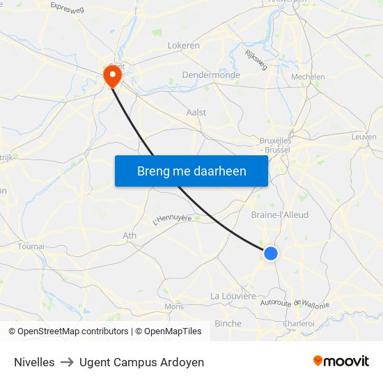 Nivelles to Ugent Campus Ardoyen map