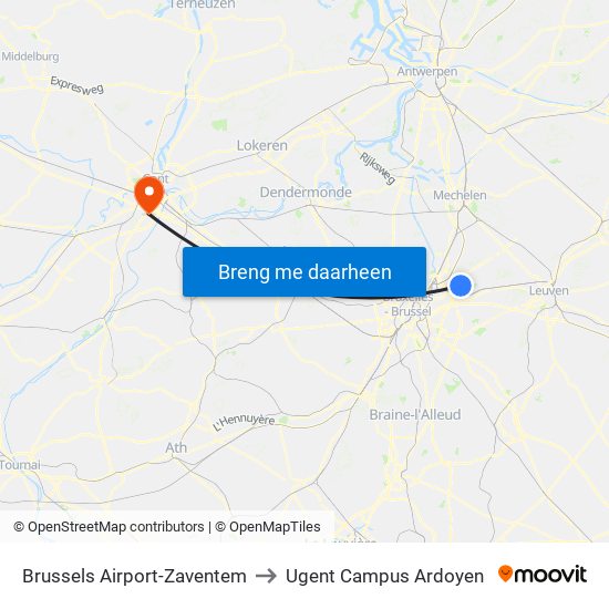 Brussels Airport-Zaventem to Ugent Campus Ardoyen map