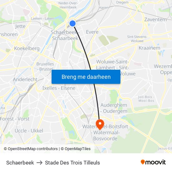 Schaerbeek to Stade Des Trois Tilleuls map