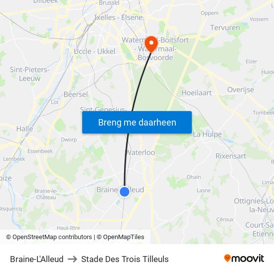 Braine-L'Alleud to Stade Des Trois Tilleuls map