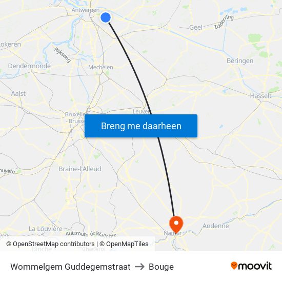 Wommelgem Guddegemstraat to Bouge map