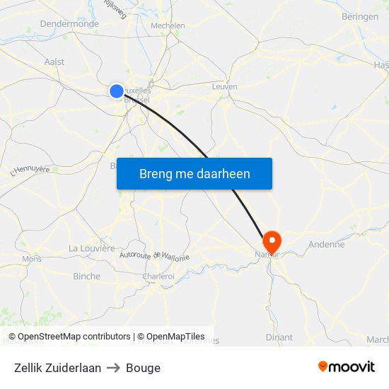 Zellik Zuiderlaan to Bouge map