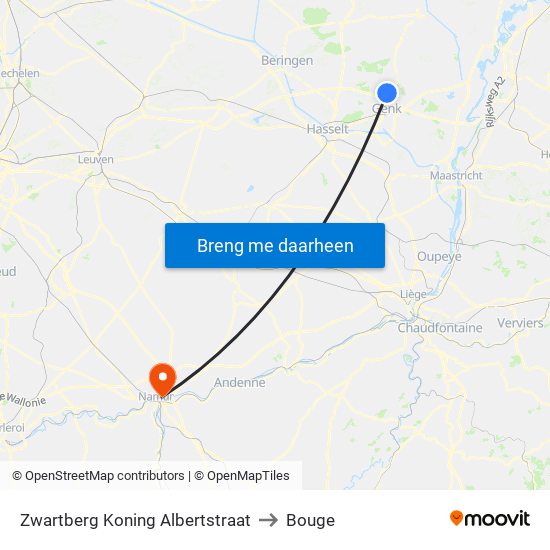 Zwartberg Koning Albertstraat to Bouge map