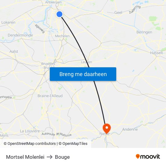Mortsel Molenlei to Bouge map
