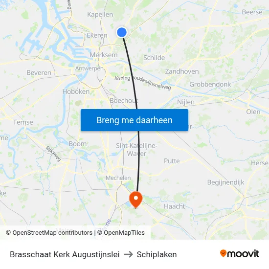 Brasschaat Kerk Augustijnslei to Schiplaken map