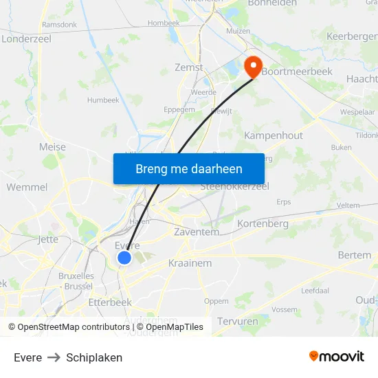 Evere to Schiplaken map
