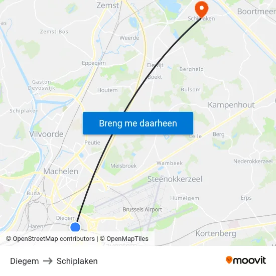 Diegem to Schiplaken map