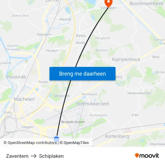 Zaventem to Schiplaken map