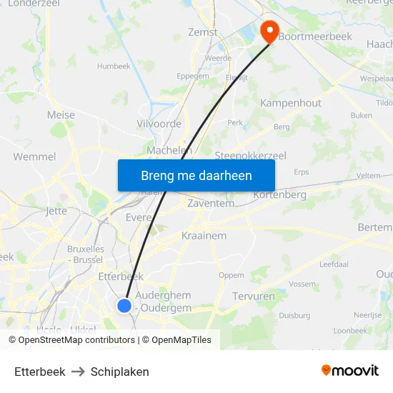 Etterbeek to Schiplaken map