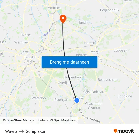 Wavre to Schiplaken map
