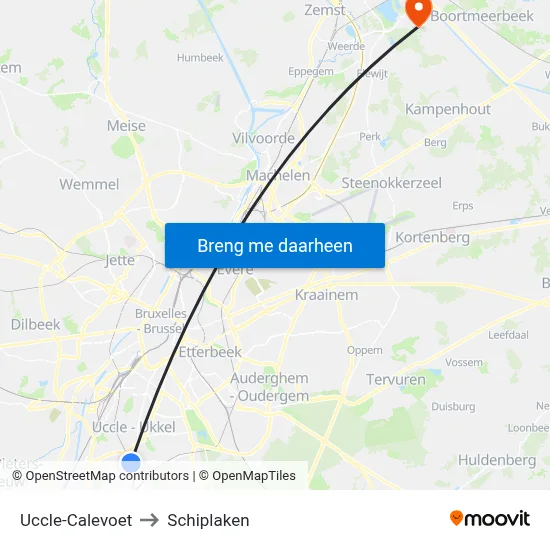 Uccle-Calevoet to Schiplaken map