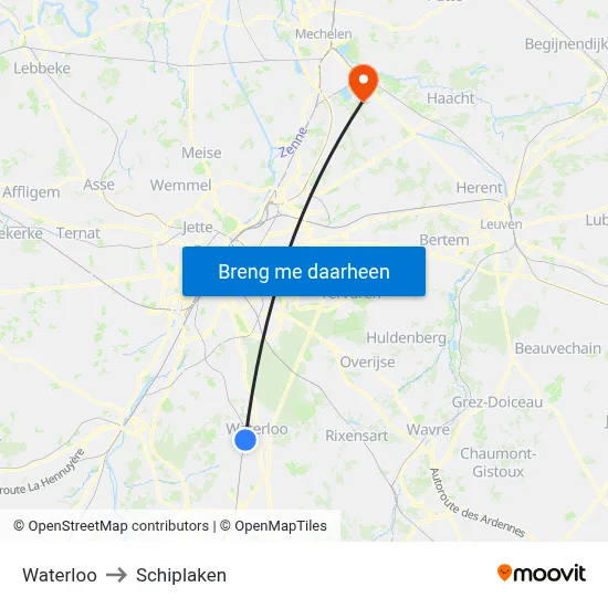 Waterloo to Schiplaken map