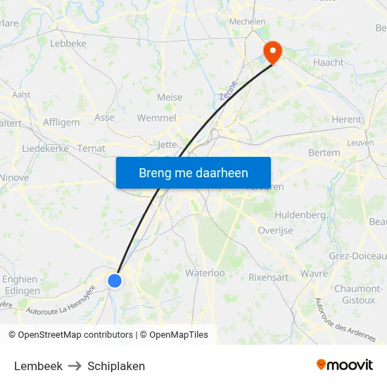 Lembeek to Schiplaken map