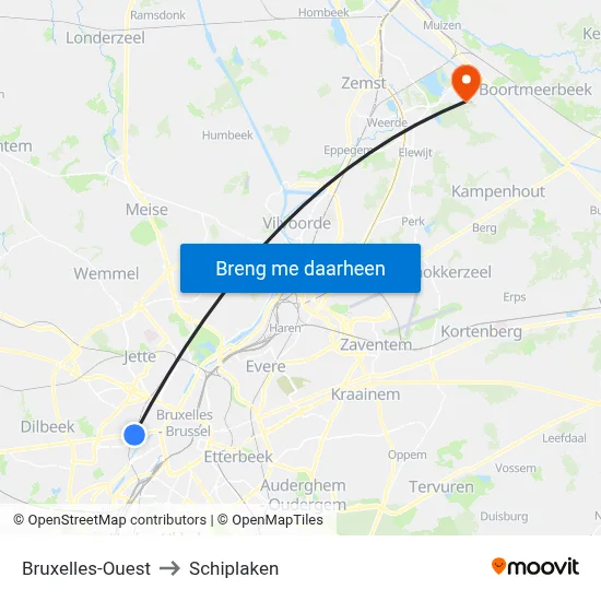 Bruxelles-Ouest to Schiplaken map