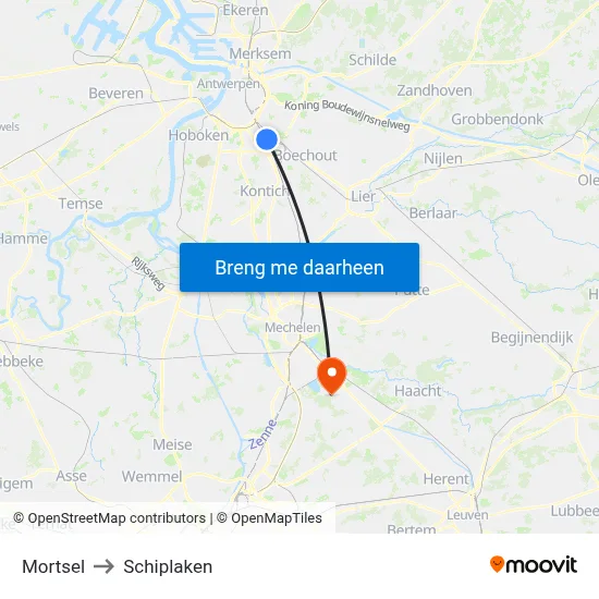 Mortsel to Schiplaken map
