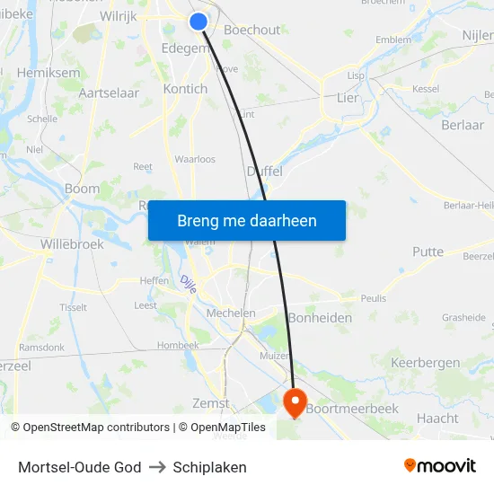 Mortsel-Oude God to Schiplaken map
