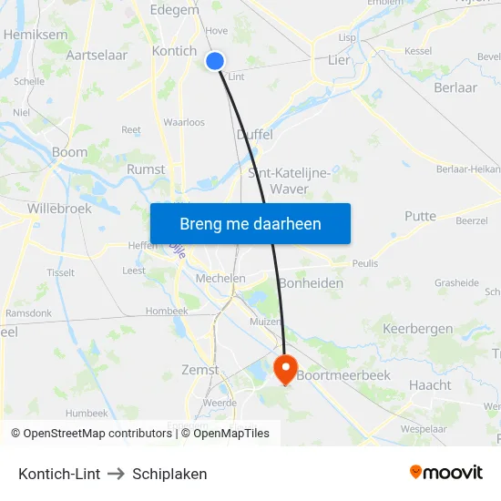 Kontich-Lint to Schiplaken map