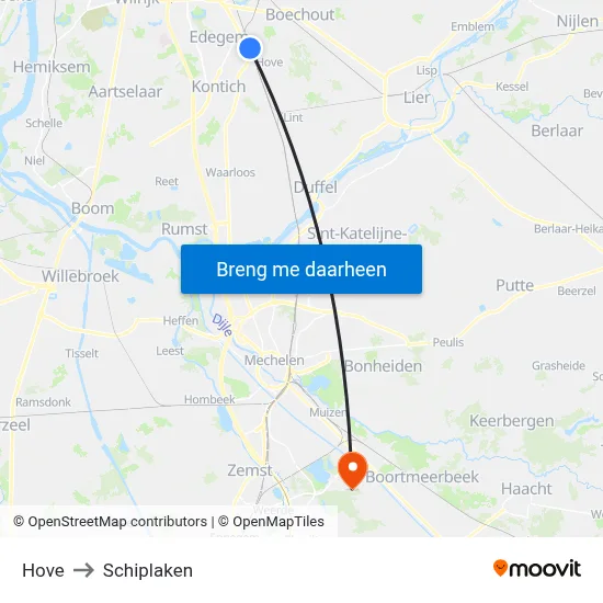 Hove to Schiplaken map