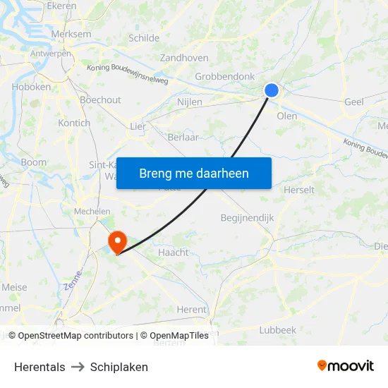 Herentals to Schiplaken map