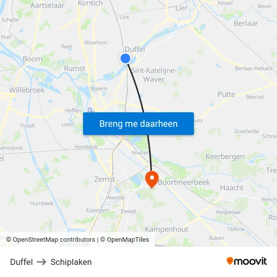 Duffel to Schiplaken map