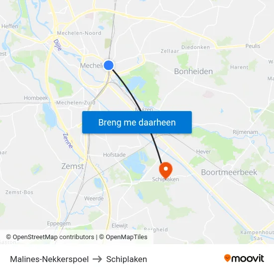 Malines-Nekkerspoel to Schiplaken map