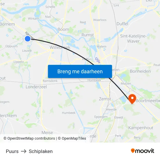 Puurs to Schiplaken map