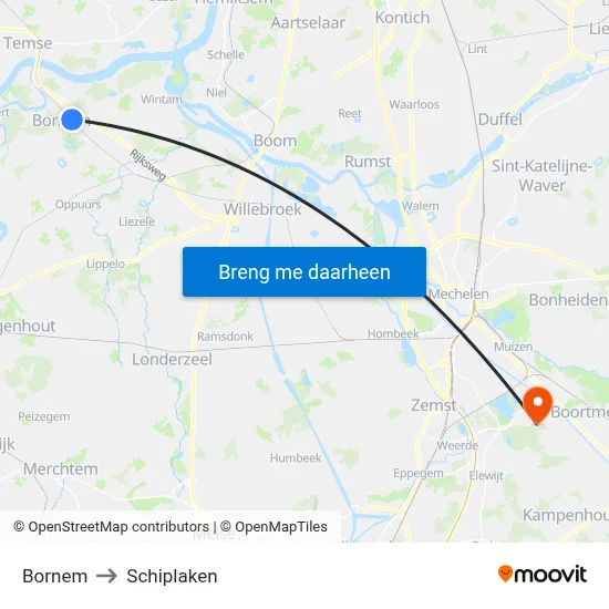 Bornem to Schiplaken map