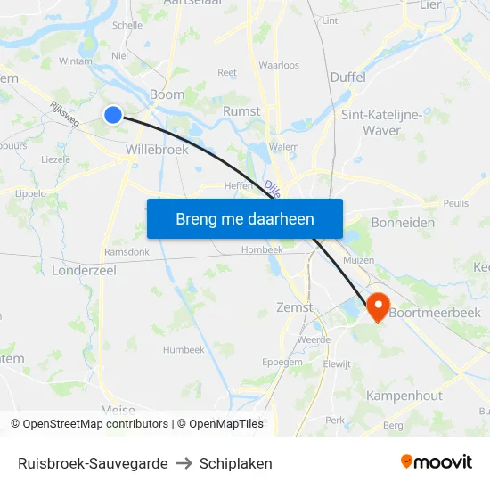 Ruisbroek-Sauvegarde to Schiplaken map