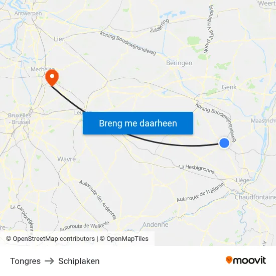 Tongres to Schiplaken map