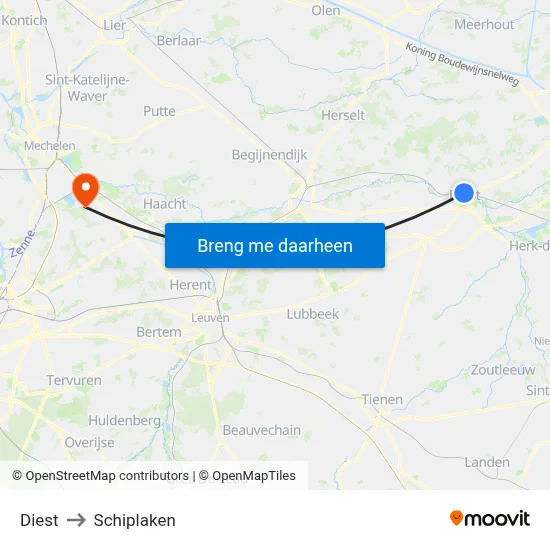 Diest to Schiplaken map