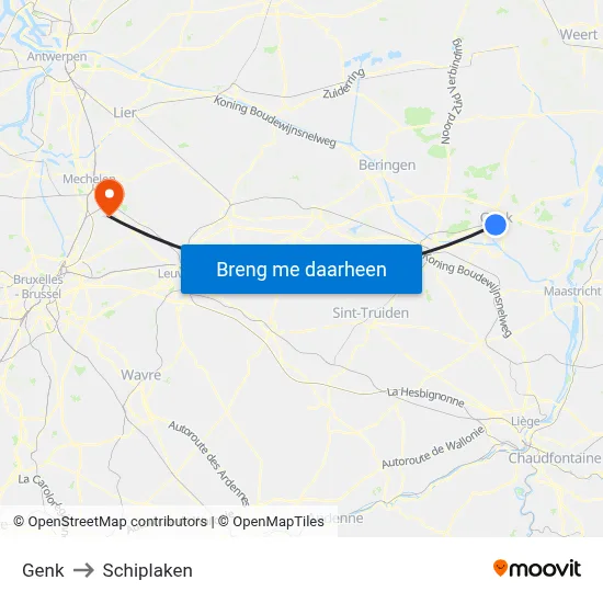 Genk to Schiplaken map