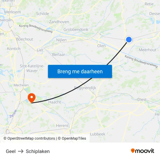 Geel to Schiplaken map