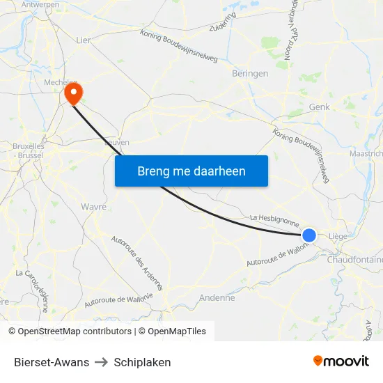 Bierset-Awans to Schiplaken map