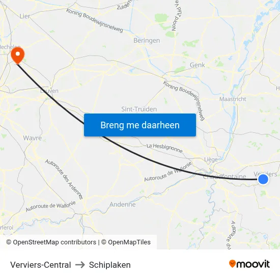 Verviers-Central to Schiplaken map