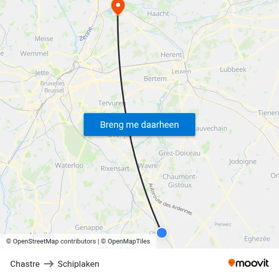 Chastre to Schiplaken map