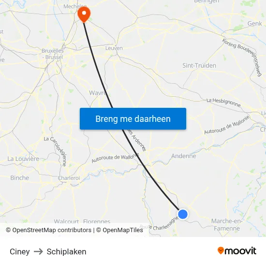 Ciney to Schiplaken map