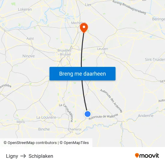 Ligny to Schiplaken map