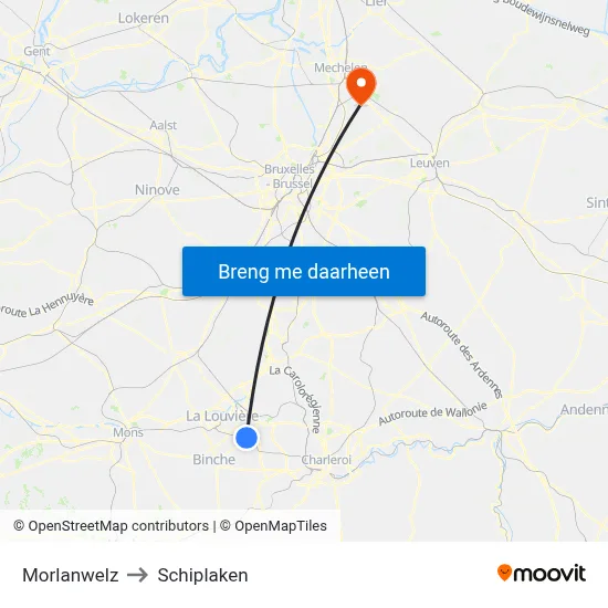Morlanwelz to Schiplaken map