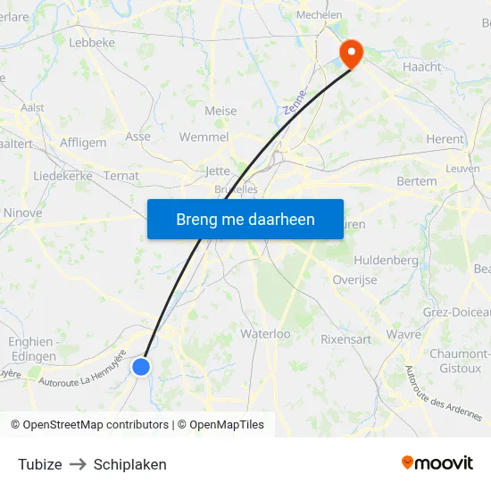 Tubize to Schiplaken map
