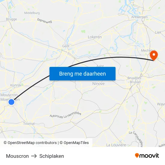 Mouscron to Schiplaken map
