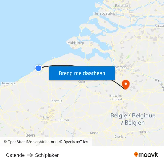 Ostende to Schiplaken map