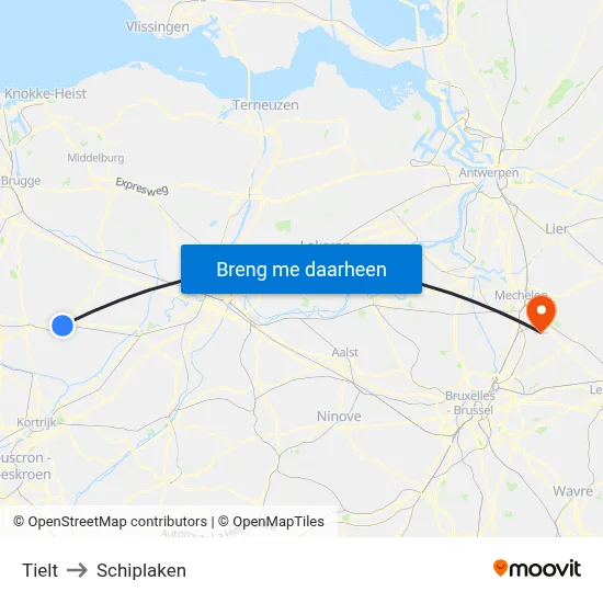 Tielt to Schiplaken map