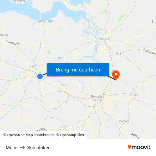 Melle to Schiplaken map