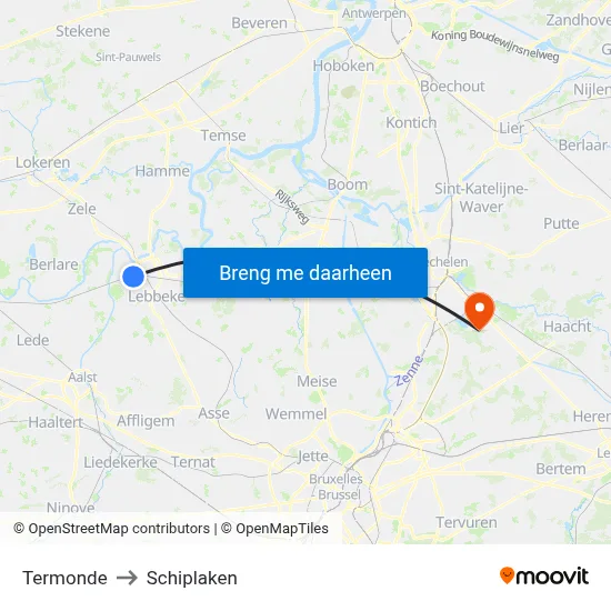 Termonde to Schiplaken map
