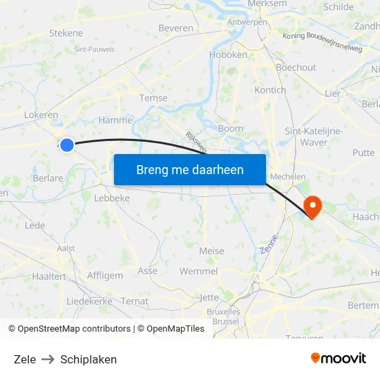 Zele to Schiplaken map