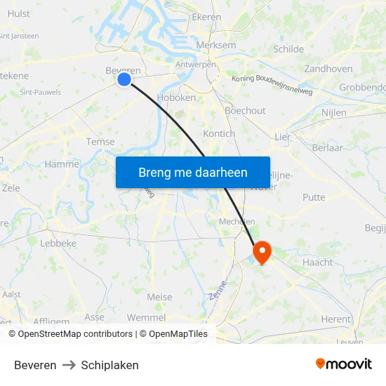 Beveren to Schiplaken map